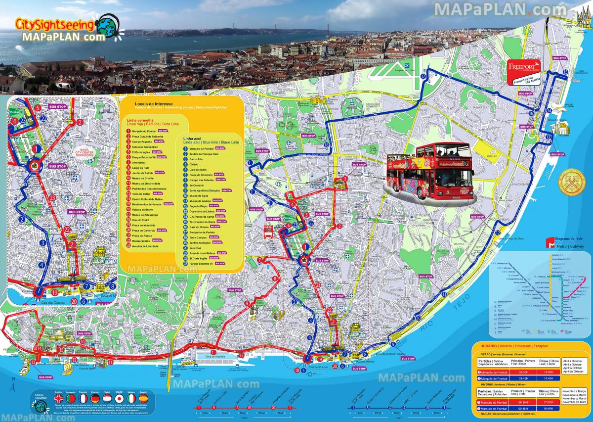 Lissabon Hop On Hop Off bus touren kaart