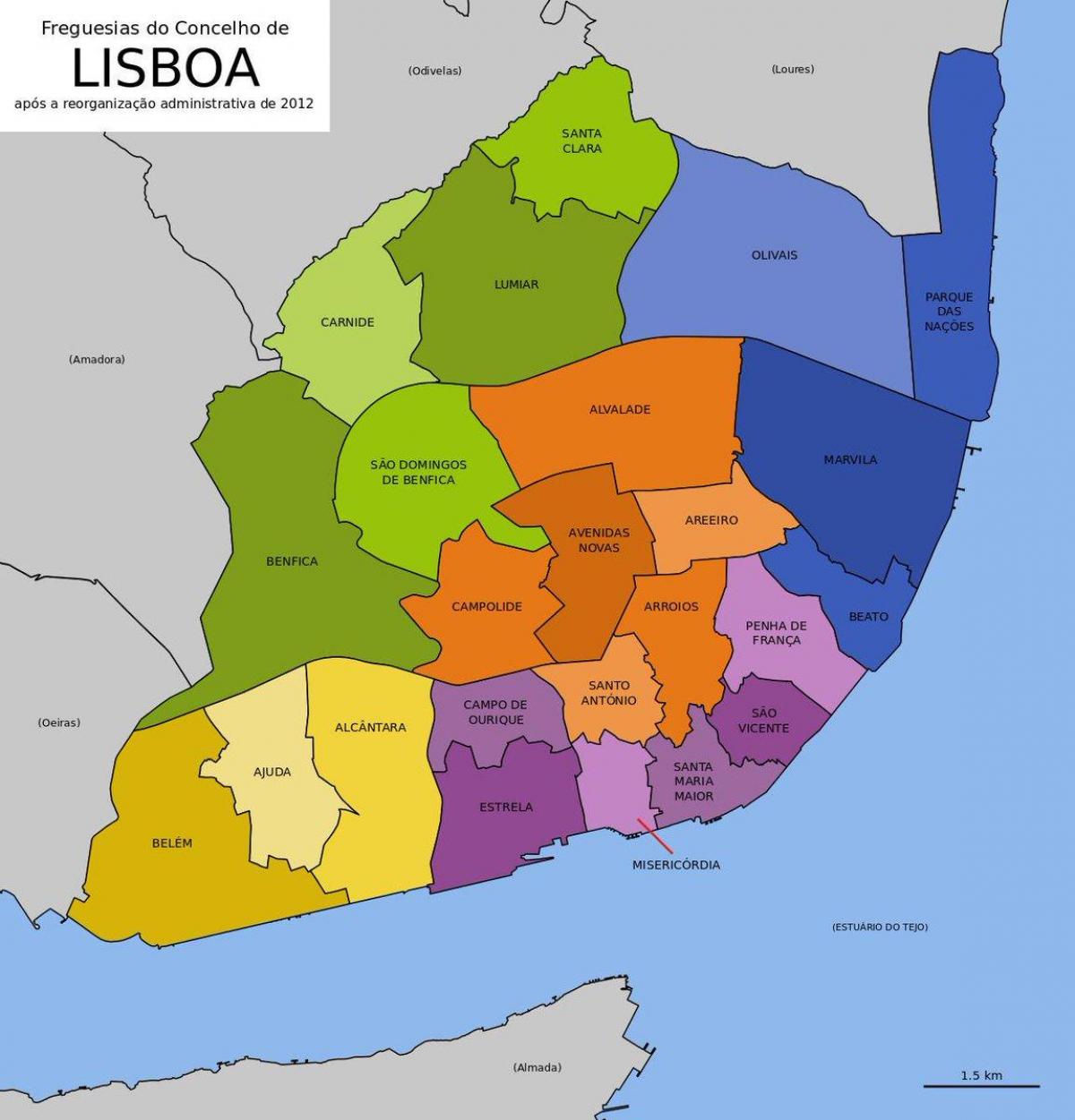 Kaart van de wijken in Lissabon